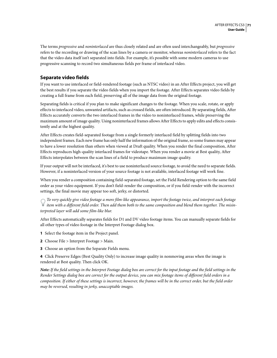 Separate video fields | Adobe After Effects CS3 User Manual | Page 76 / 677