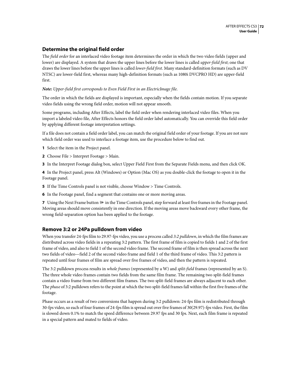 Determine the original field order, Remove 3:2 or 24pa pulldown from video | Adobe After Effects CS3 User Manual | Page 77 / 677