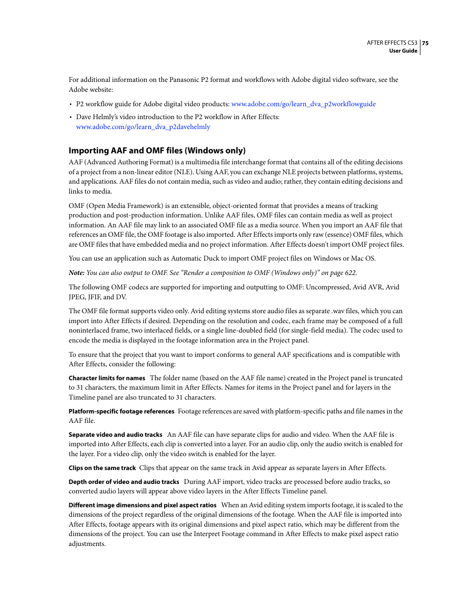 Importing aaf and omf files (windows only) | Adobe After Effects CS3 User Manual | Page 80 / 677