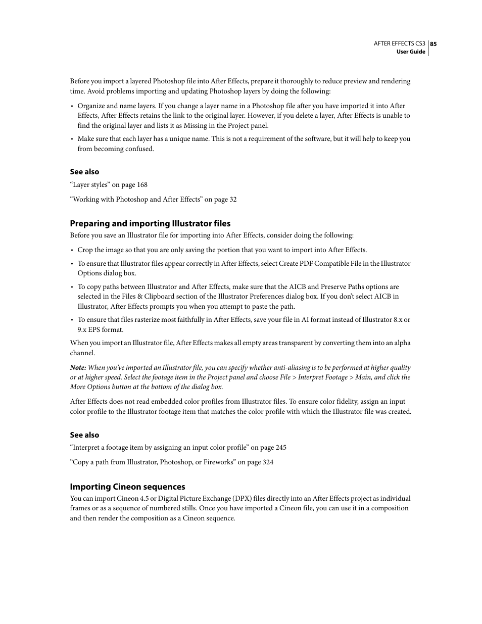 Preparing and importing illustrator files, Importing cineon sequences | Adobe After Effects CS3 User Manual | Page 90 / 677