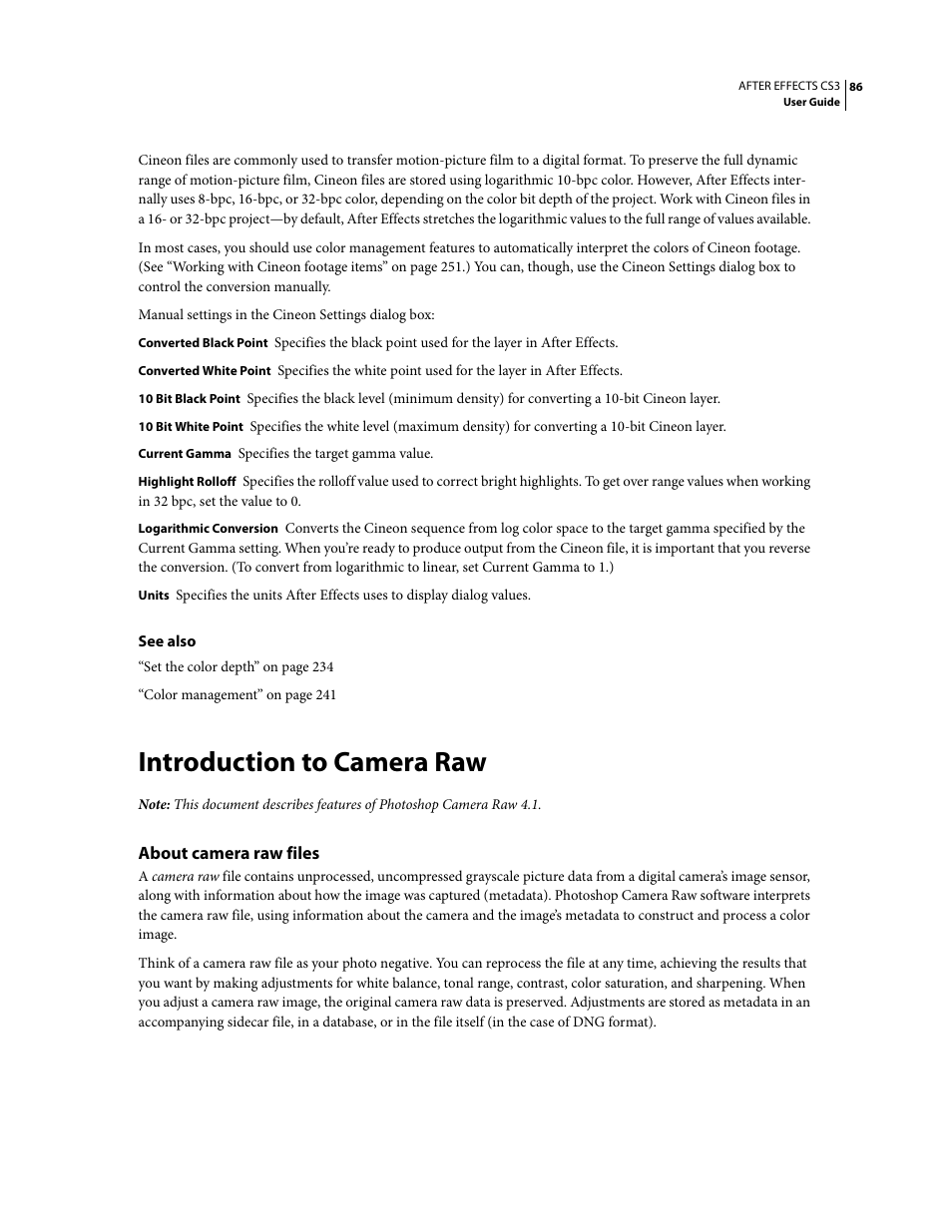 Introduction to camera raw, About camera raw files | Adobe After Effects CS3 User Manual | Page 91 / 677