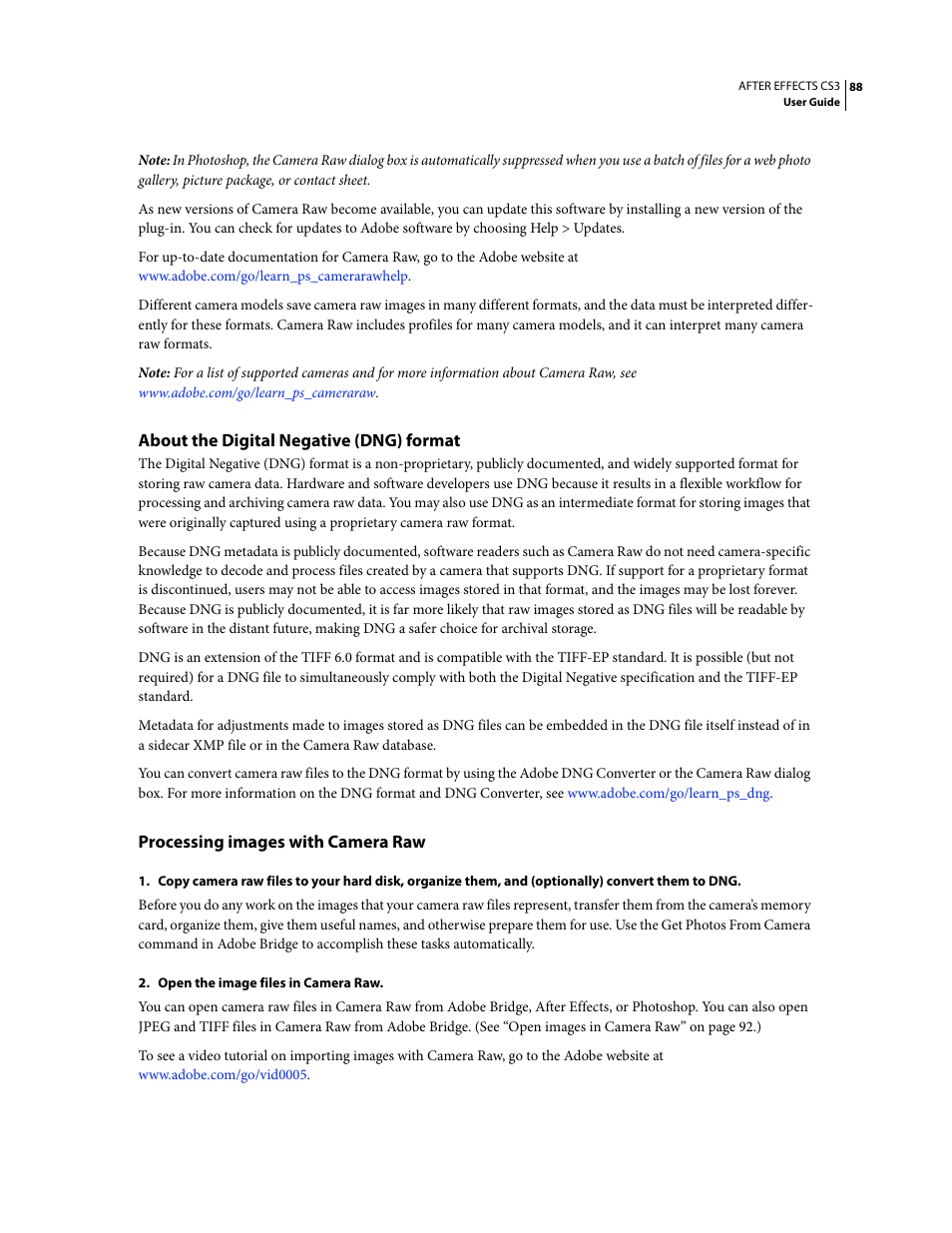 About the digital negative (dng) format, Processing images with camera raw | Adobe After Effects CS3 User Manual | Page 93 / 677