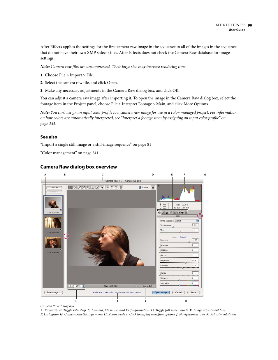 Camera raw dialog box overview | Adobe After Effects CS3 User Manual | Page 95 / 677