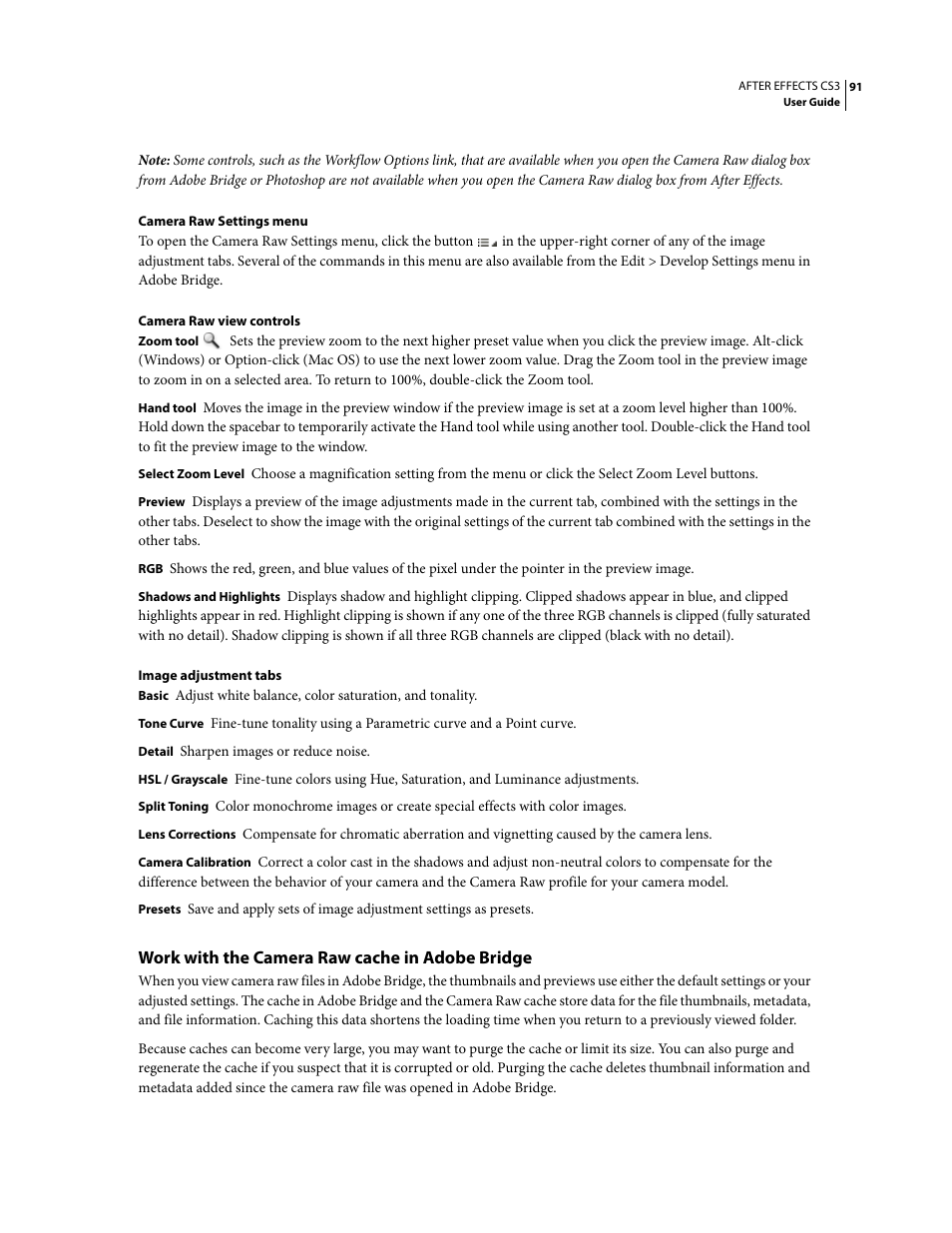 Work with the camera raw cache in adobe bridge | Adobe After Effects CS3 User Manual | Page 96 / 677