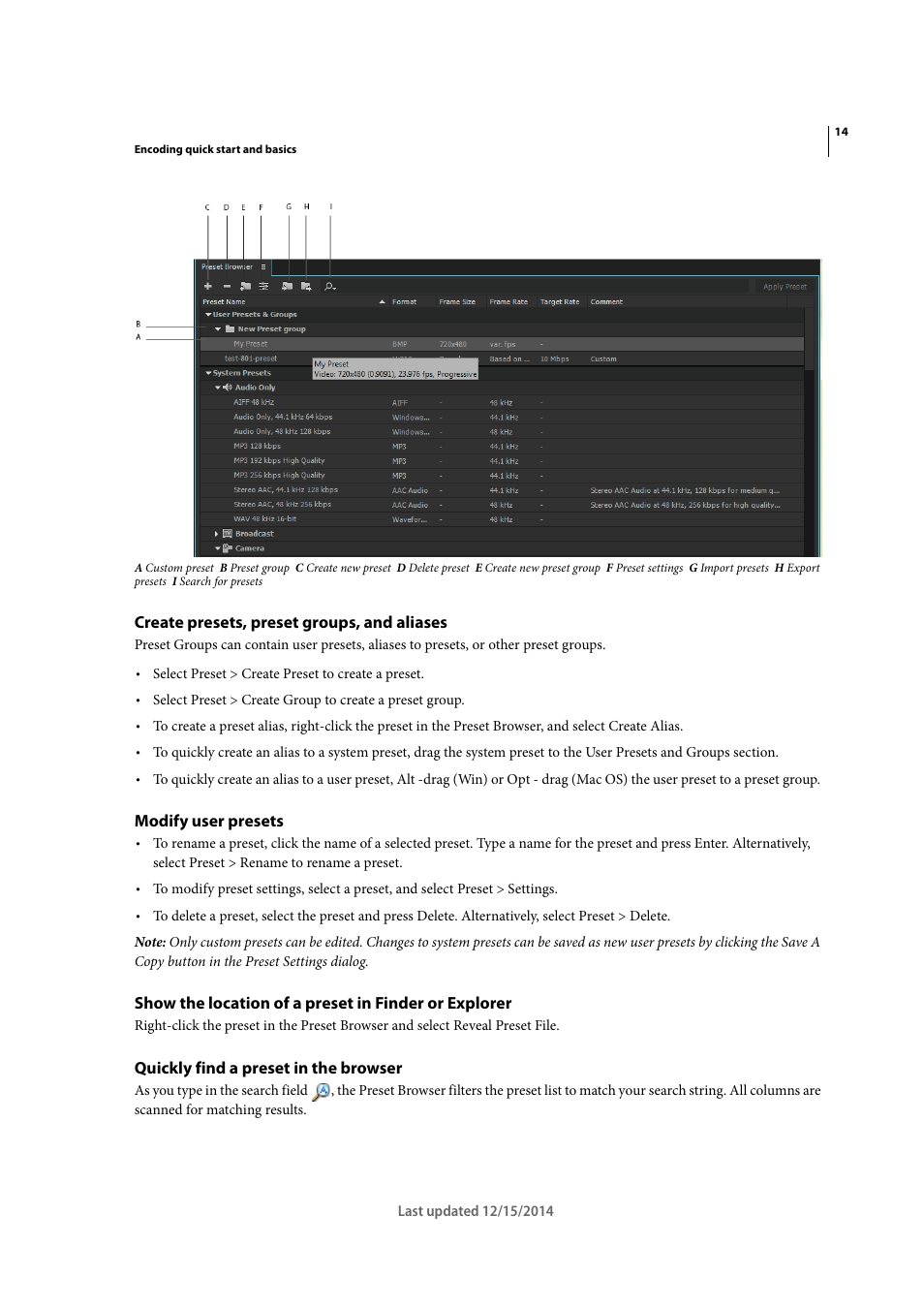 Create presets, preset groups, and aliases, Modify user presets, Quickly find a preset in the browser | Adobe Media Encoder CC User Manual | Page 17 / 59