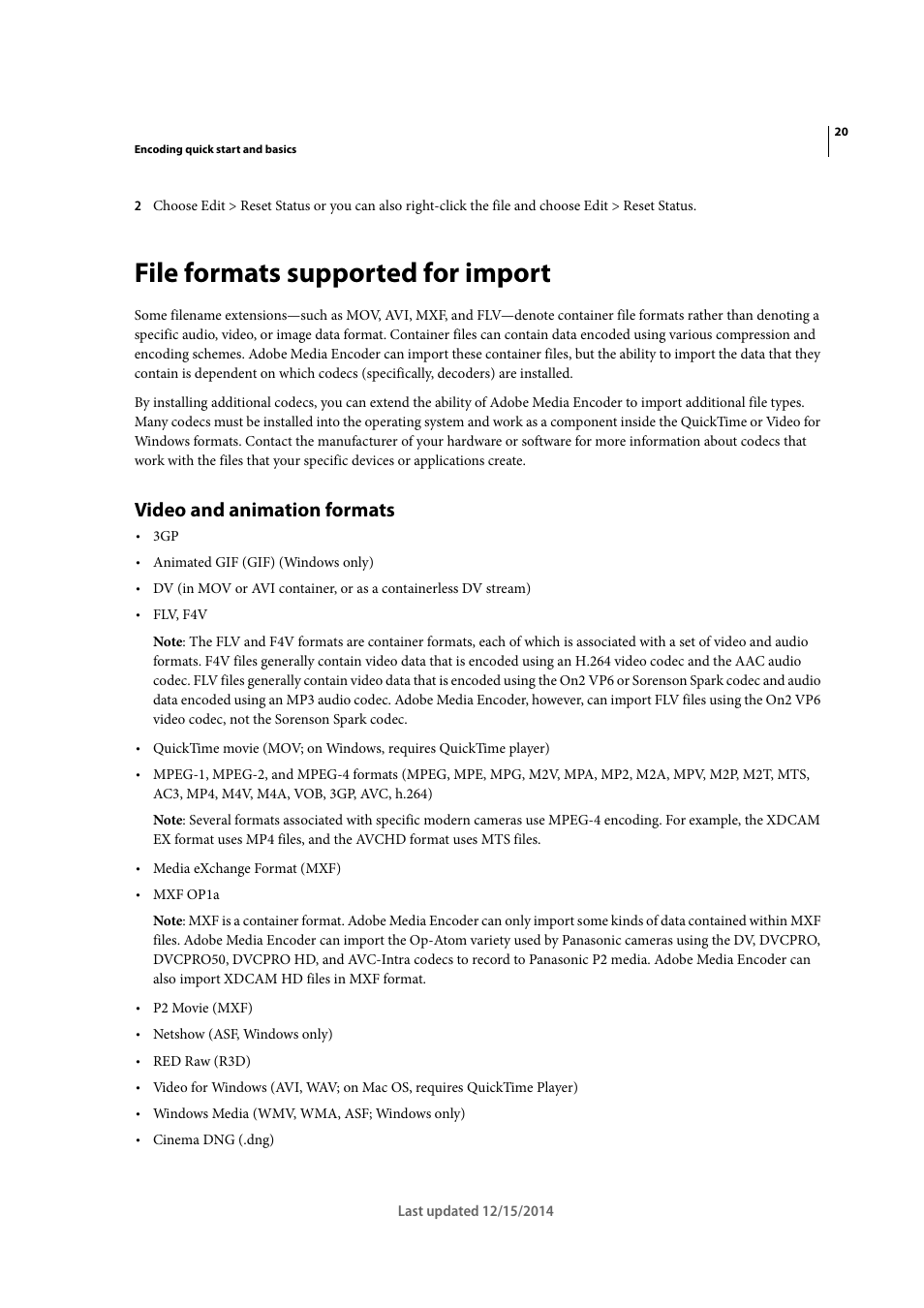 File formats supported for import, Video and animation formats | Adobe Media Encoder CC User Manual | Page 23 / 59