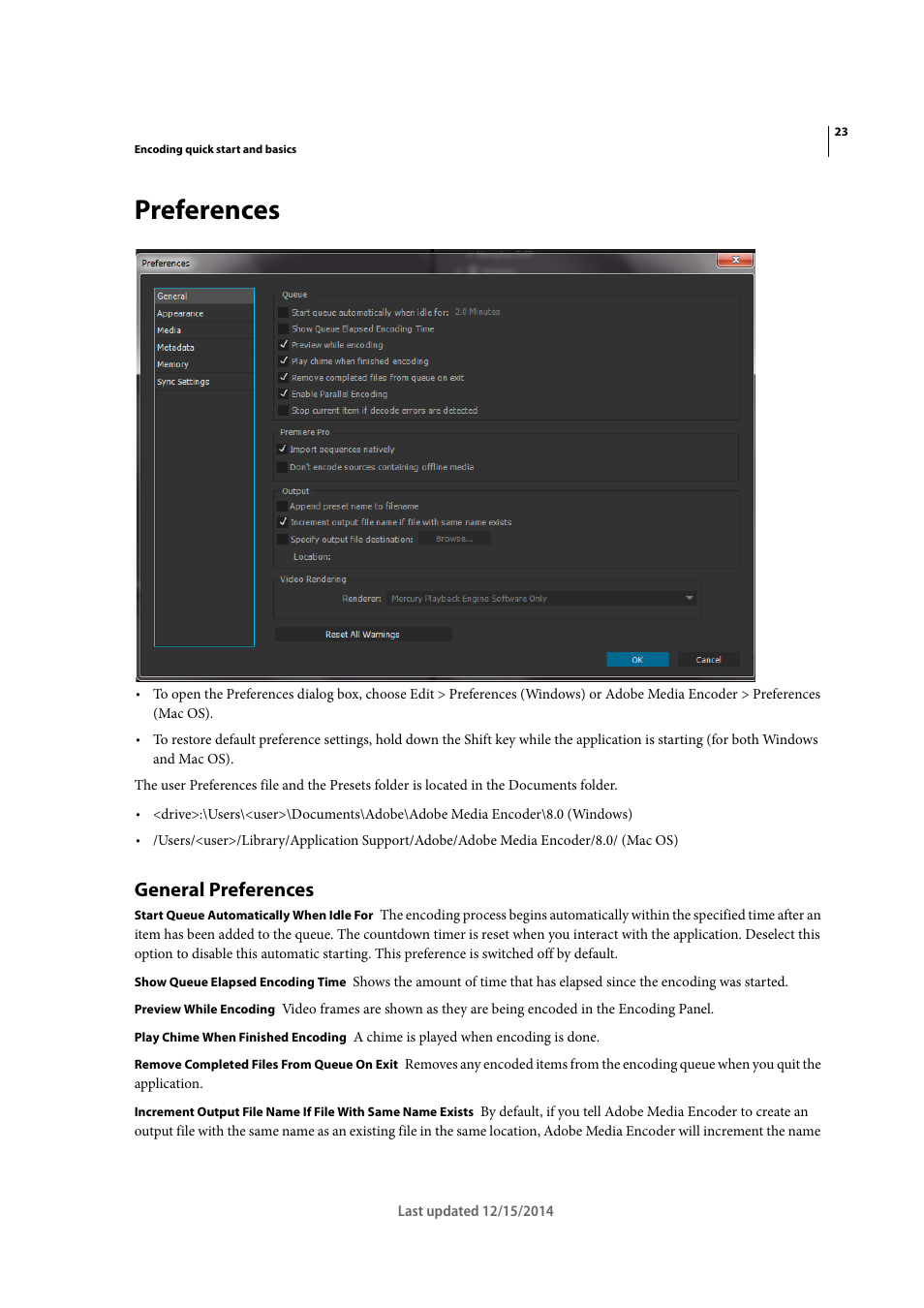 Preferences, General preferences | Adobe Media Encoder CC User Manual | Page 26 / 59
