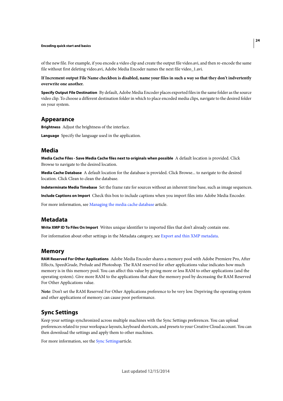 Appearance, Media, Metadata | Memory, Sync settings | Adobe Media Encoder CC User Manual | Page 27 / 59