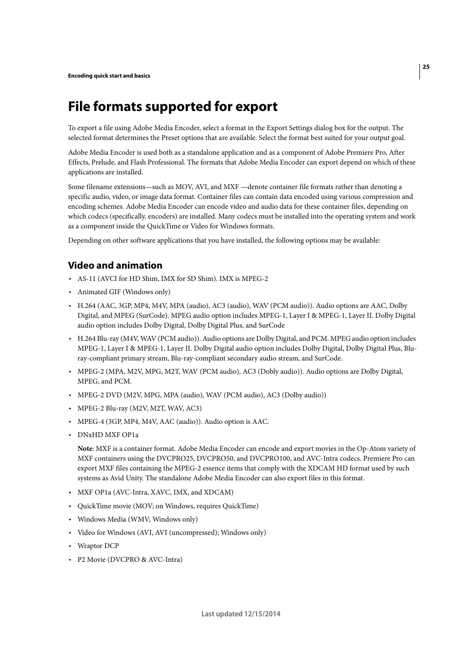 File formats supported for export, Video and animation | Adobe Media Encoder CC User Manual | Page 28 / 59