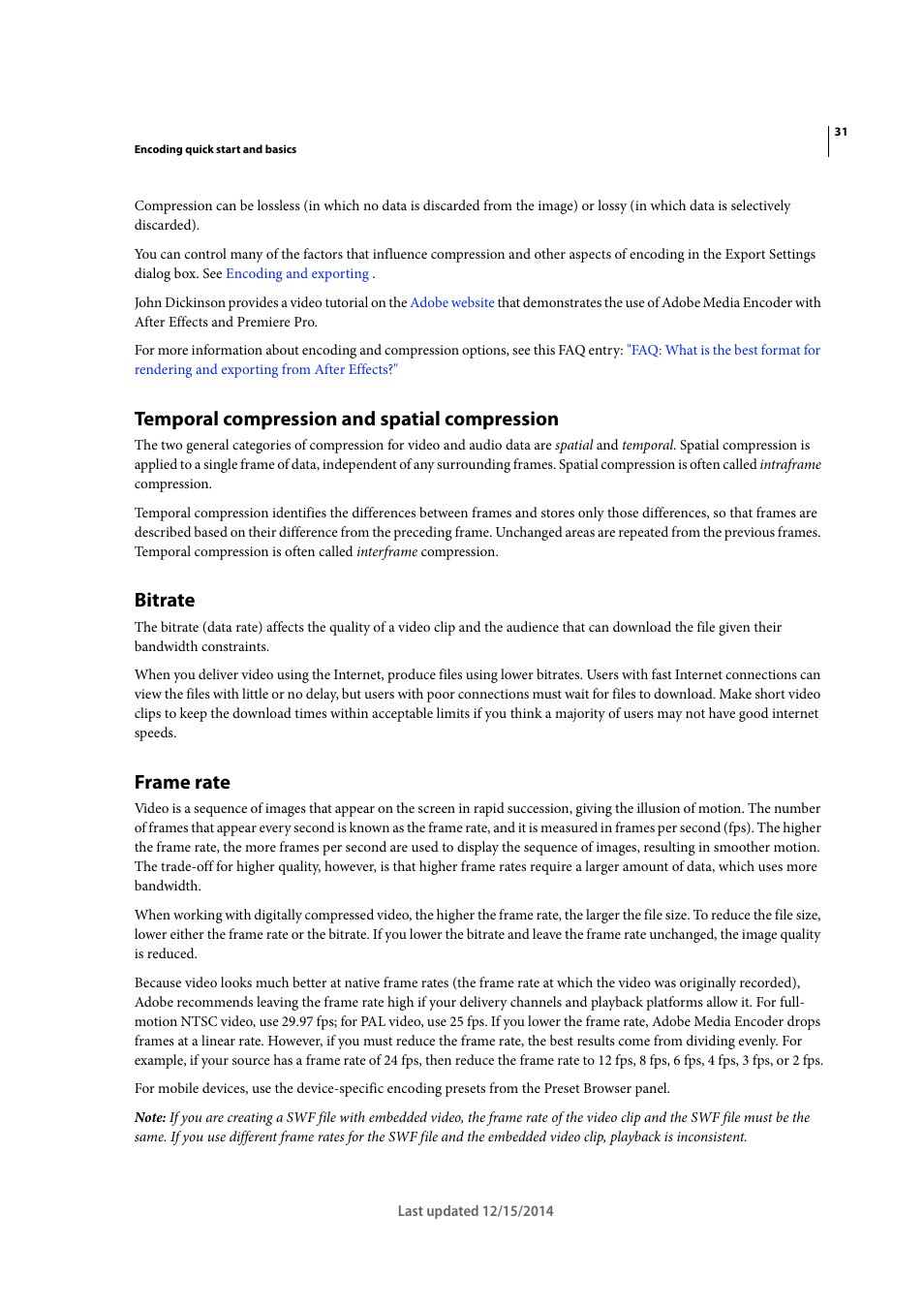Temporal compression and spatial compression, Bitrate, Frame rate | Adobe Media Encoder CC User Manual | Page 34 / 59