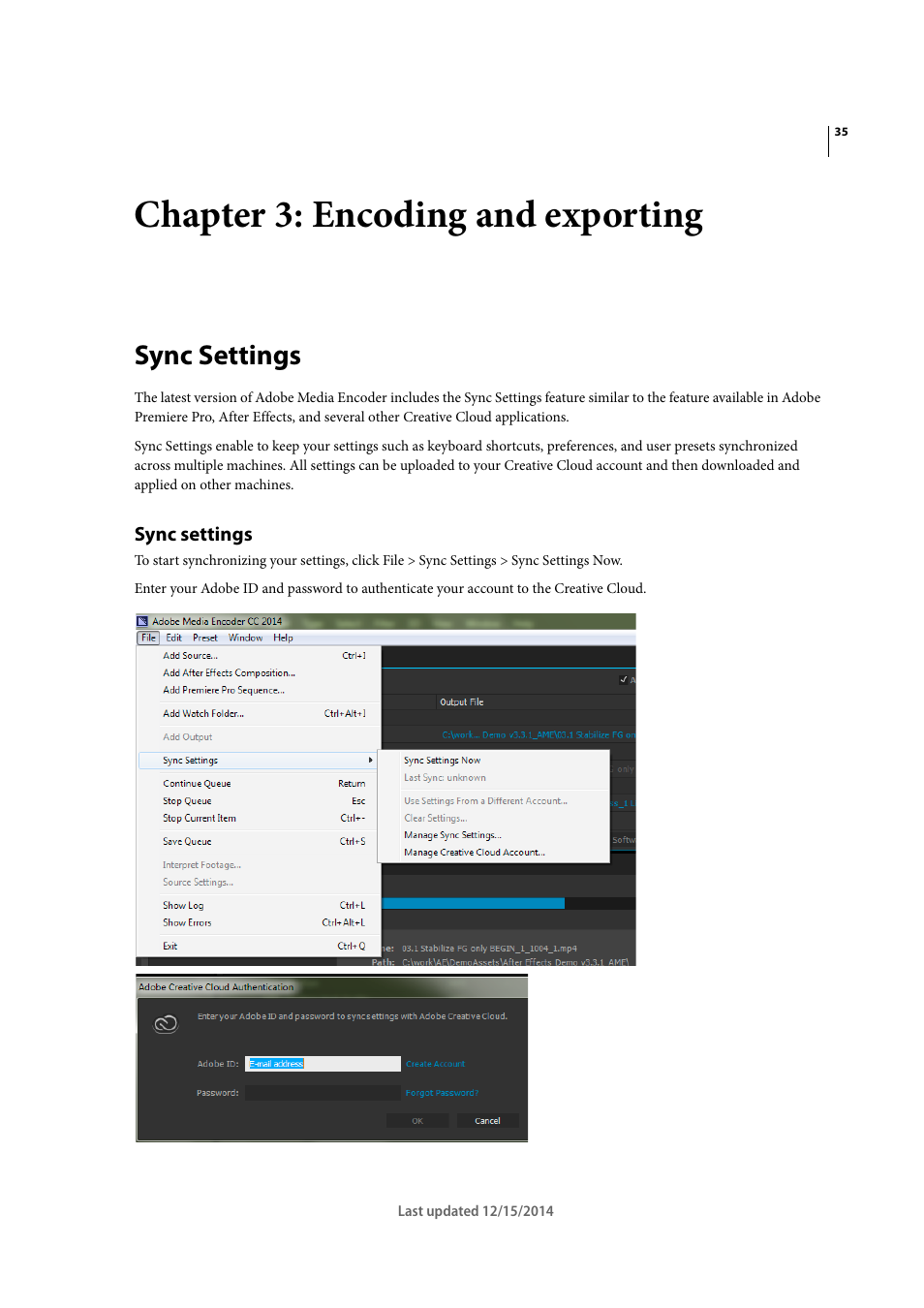 Chapter 3: encoding and exporting, Sync settings | Adobe Media Encoder CC User Manual | Page 38 / 59