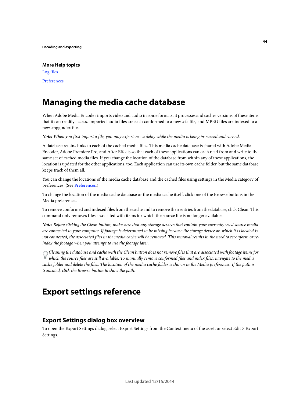 Managing the media cache database, Export settings reference, Export settings dialog box overview | Sect | Adobe Media Encoder CC User Manual | Page 47 / 59
