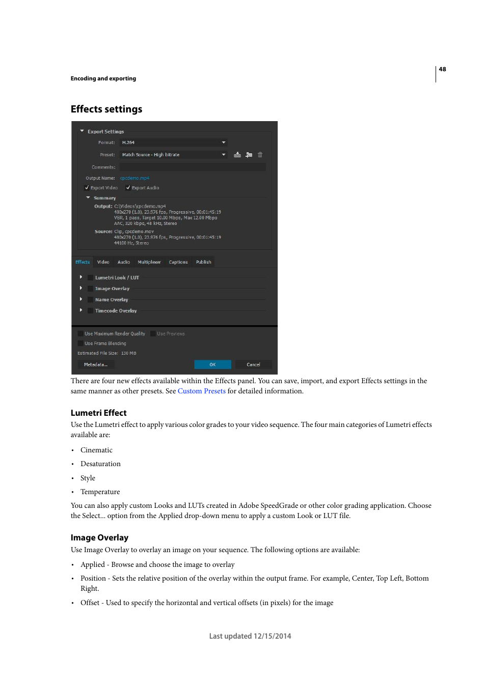 Effects settings, Lumetri effect, Image overlay | Adobe Media Encoder CC User Manual | Page 51 / 59