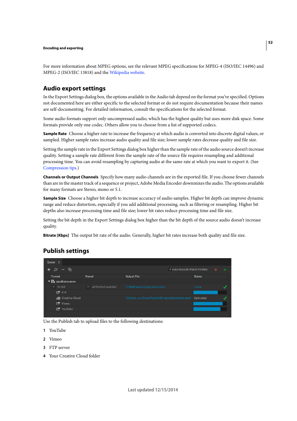 Audio export settings, Publish settings | Adobe Media Encoder CC User Manual | Page 55 / 59