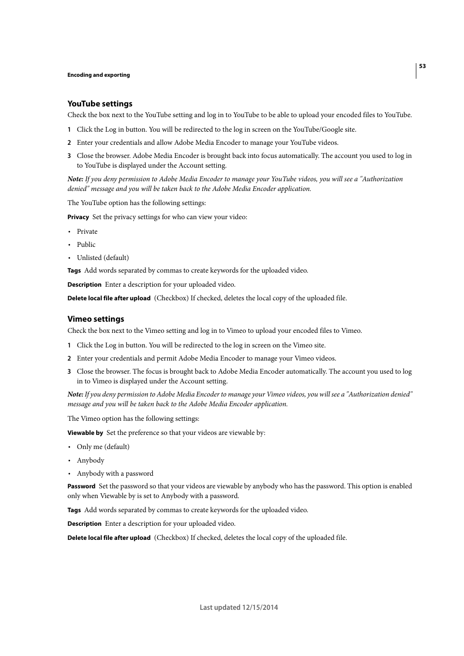 Youtube settings, Vimeo settings | Adobe Media Encoder CC User Manual | Page 56 / 59