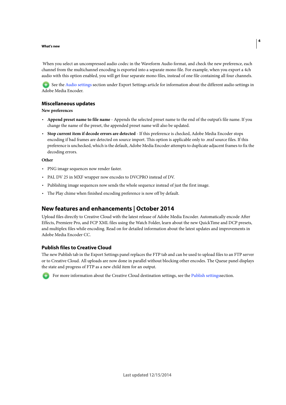 Miscellaneous updates, New features and enhancements | october 2014, Publish files to creative cloud | Adobe Media Encoder CC User Manual | Page 7 / 59