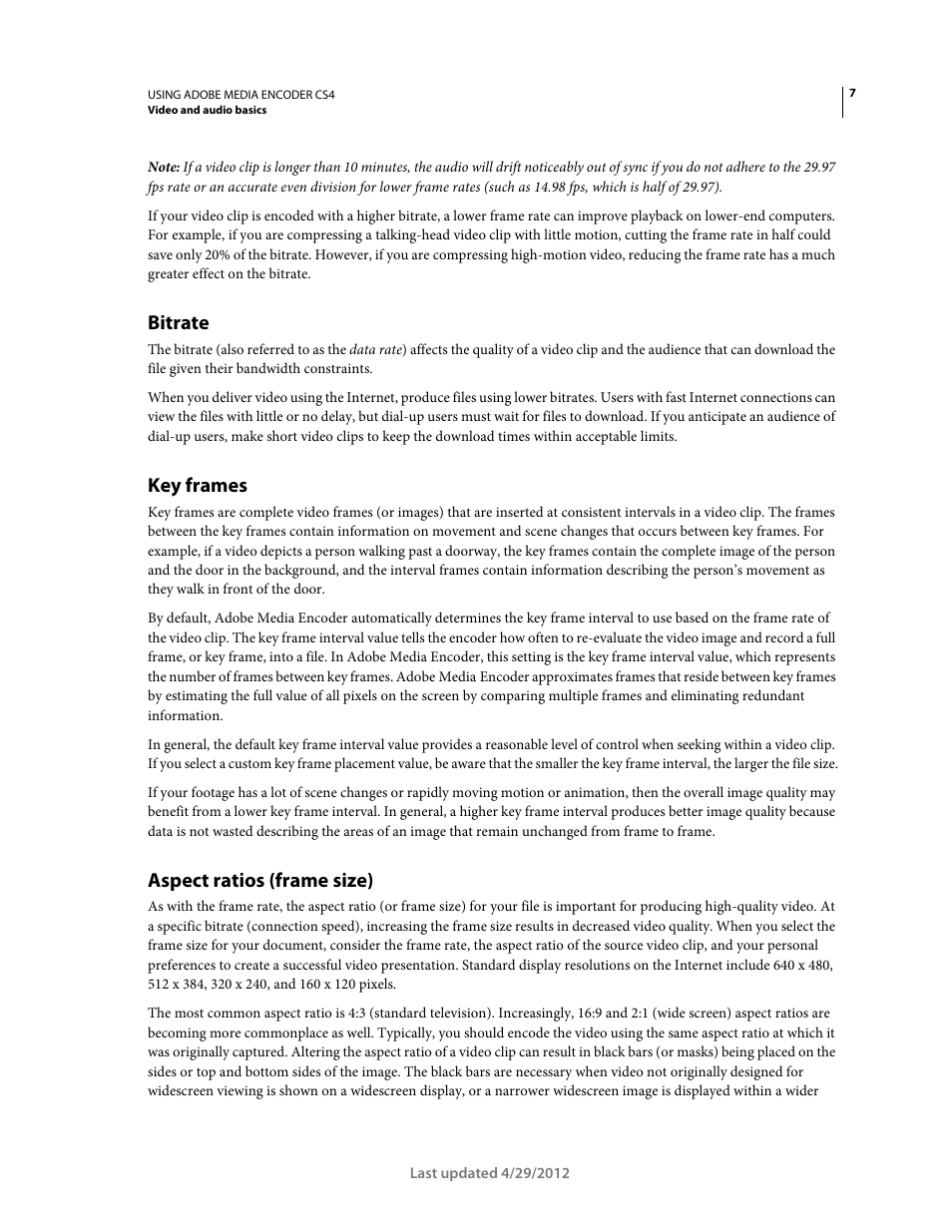 Bitrate, Key frames, Aspect ratios (frame size) | Adobe Media Encoder CS4 User Manual | Page 10 / 45