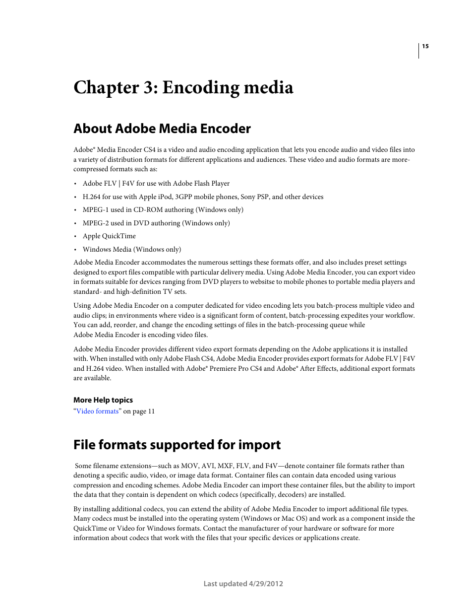 Chapter 3: encoding media, About adobe media encoder, File formats supported for import | Adobe Media Encoder CS4 User Manual | Page 18 / 45