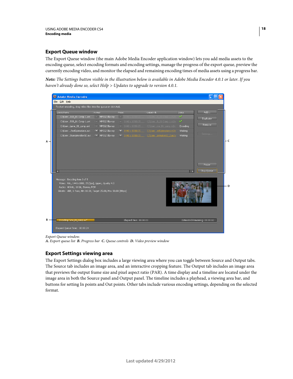 Export queue window, Export settings viewing area | Adobe Media Encoder CS4 User Manual | Page 21 / 45