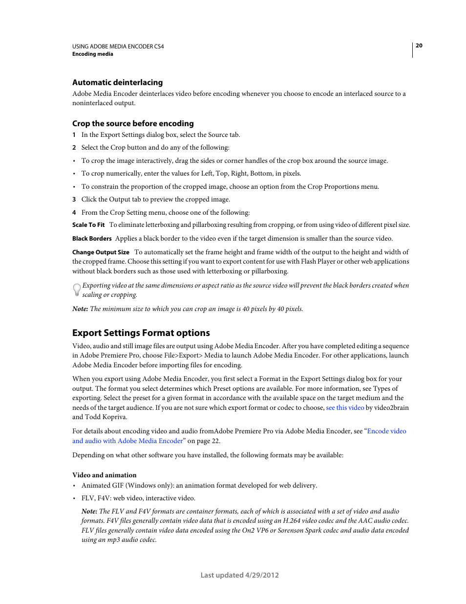 Automatic deinterlacing, Crop the source before encoding, Export settings format options | Adobe Media Encoder CS4 User Manual | Page 23 / 45