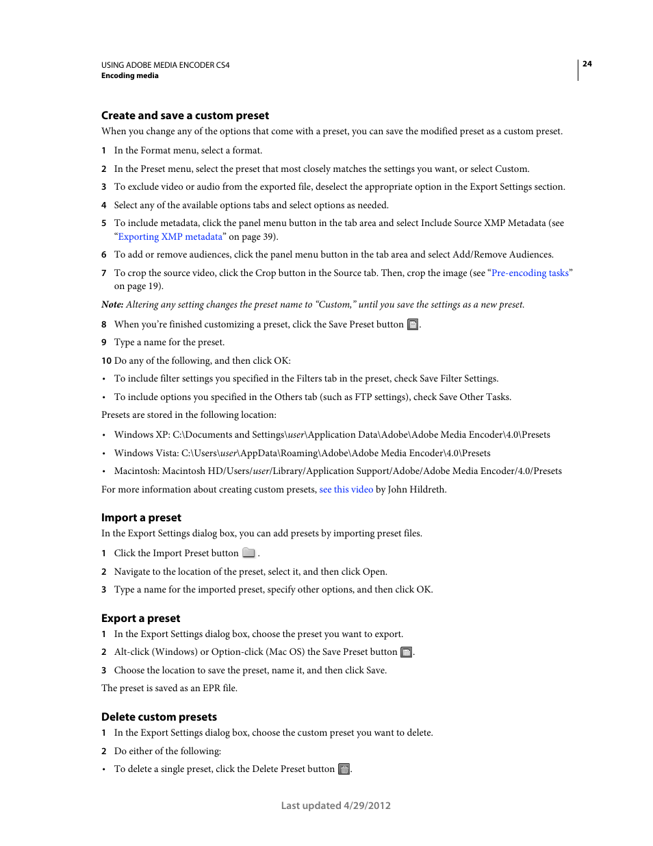 Create and save a custom preset, Import a preset, Export a preset | Delete custom presets | Adobe Media Encoder CS4 User Manual | Page 27 / 45