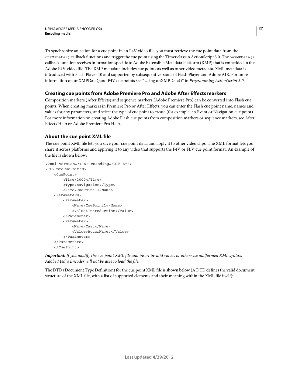 About the cue point xml file | Adobe Media Encoder CS4 User Manual | Page 30 / 45