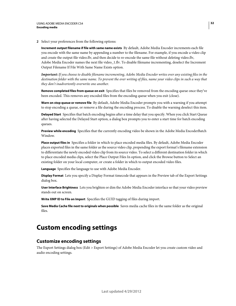 Custom encoding settings, Customize encoding settings | Adobe Media Encoder CS4 User Manual | Page 35 / 45