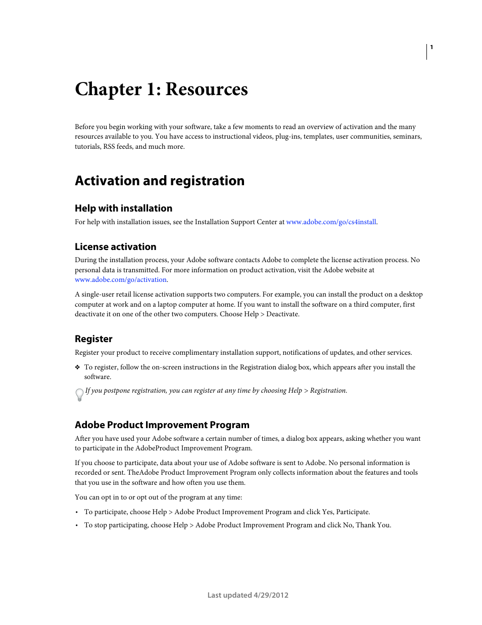 Chapter 1: resources, Activation and registration, Help with installation | License activation, Register, Adobe product improvement program | Adobe Media Encoder CS4 User Manual | Page 4 / 45