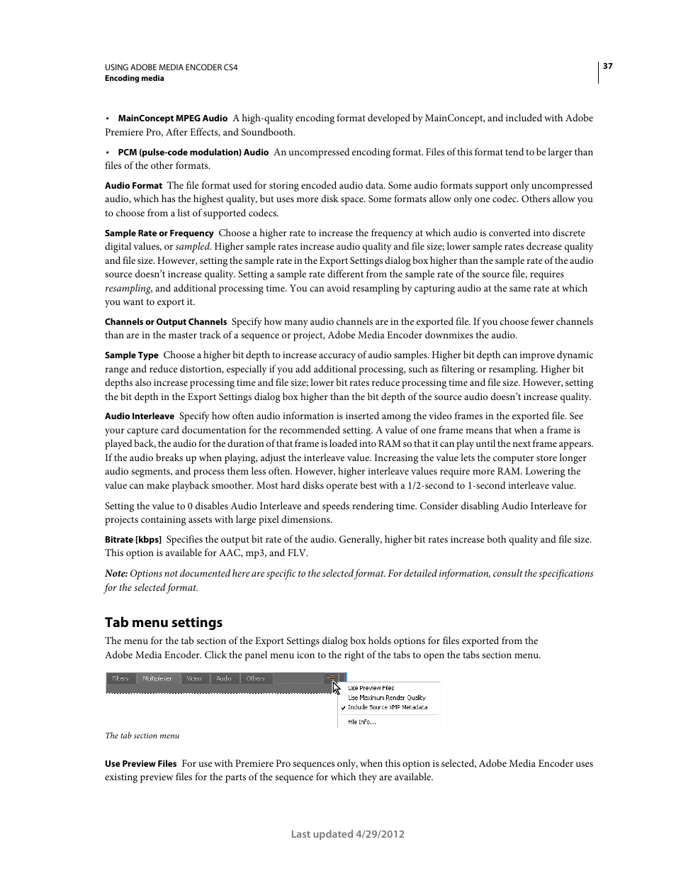 Tab menu settings | Adobe Media Encoder CS4 User Manual | Page 40 / 45