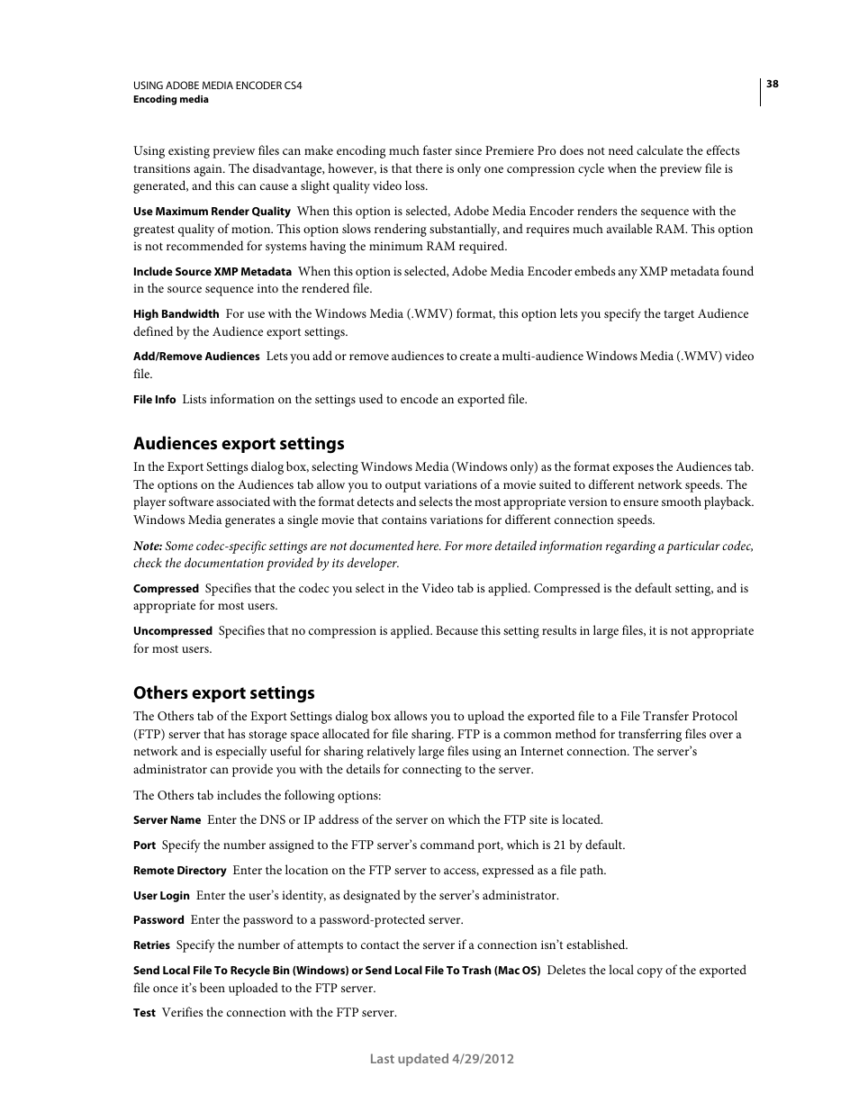 Audiences export settings, Others export settings | Adobe Media Encoder CS4 User Manual | Page 41 / 45