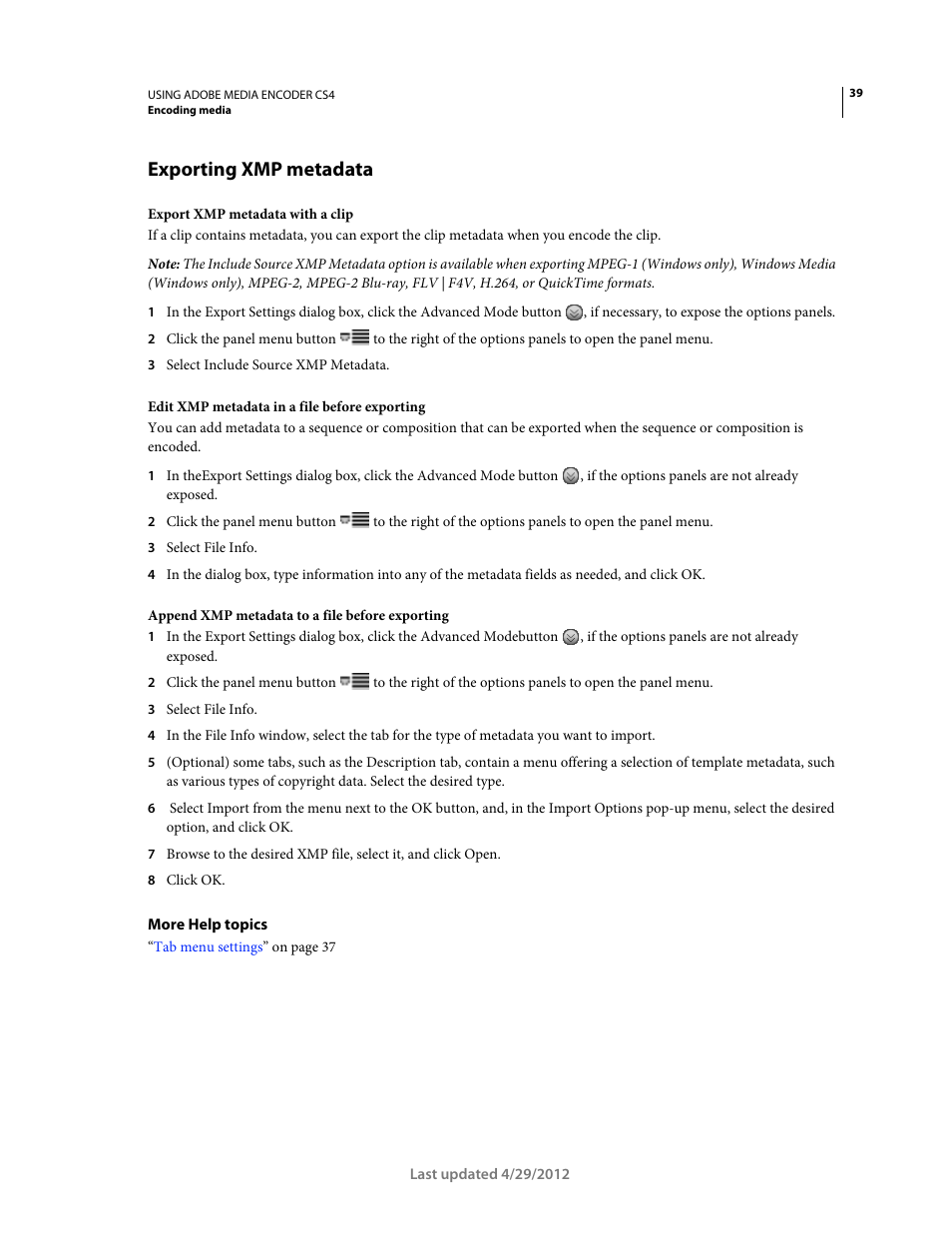 Exporting xmp metadata | Adobe Media Encoder CS4 User Manual | Page 42 / 45