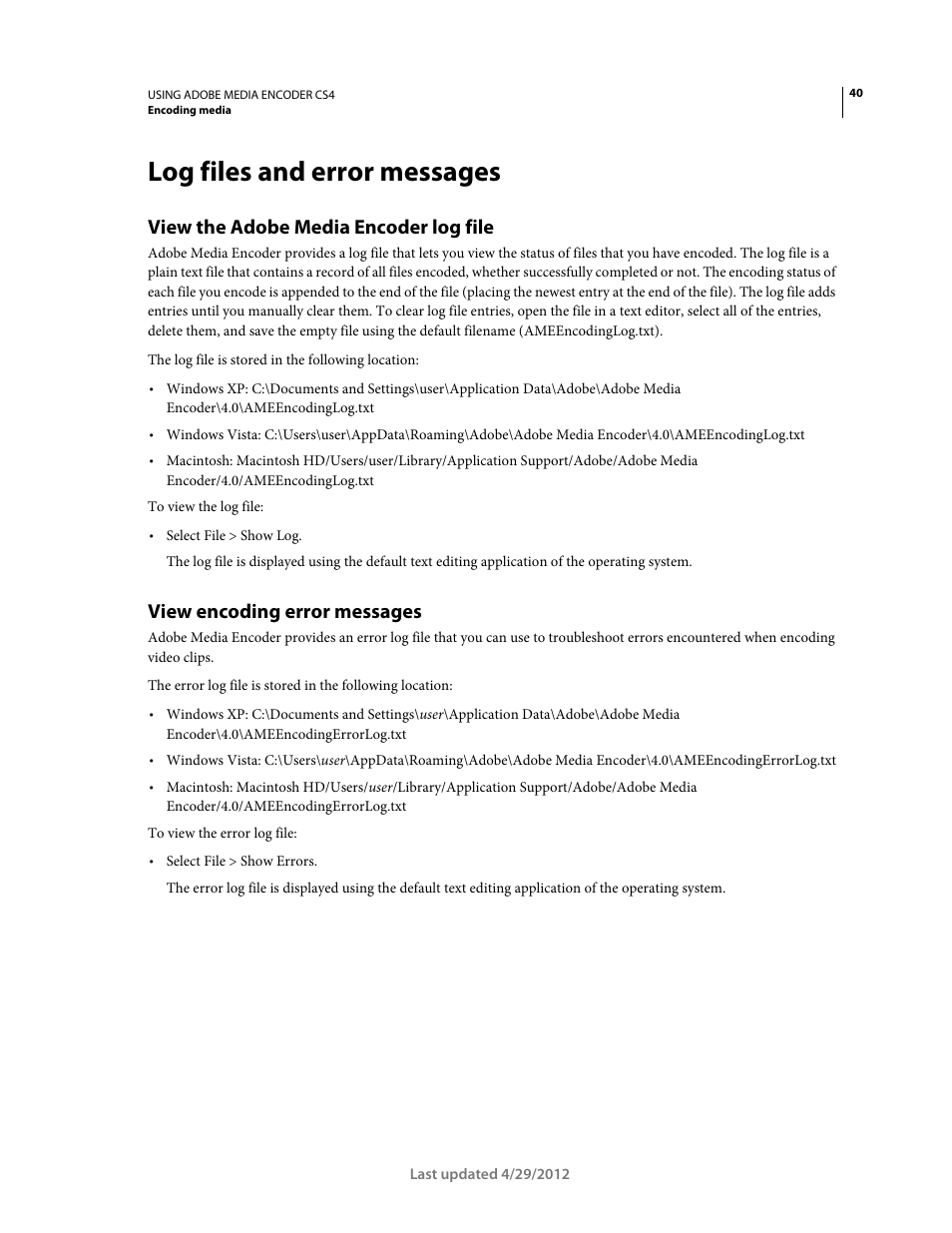 Log files and error messages, View the adobe media encoder log file, View encoding error messages | Adobe Media Encoder CS4 User Manual | Page 43 / 45