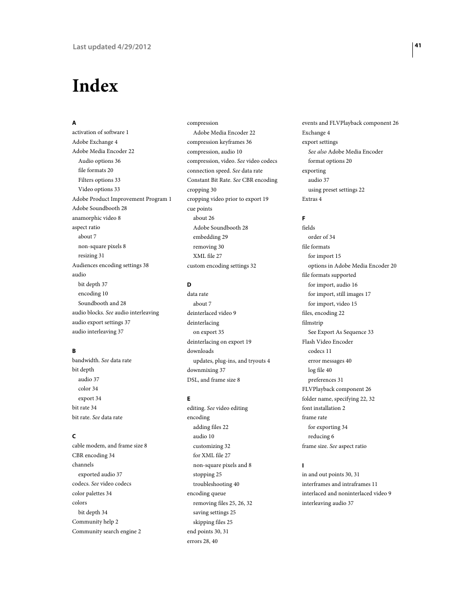 Index | Adobe Media Encoder CS4 User Manual | Page 44 / 45