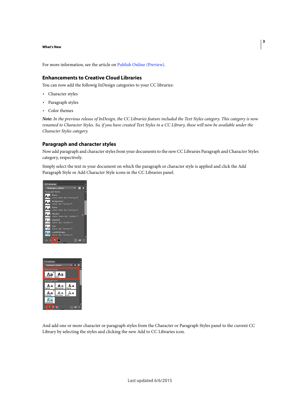 Enhancements to creative cloud libraries, Paragraph and character styles | Adobe InDesign CC 2015 User Manual | Page 10 / 643