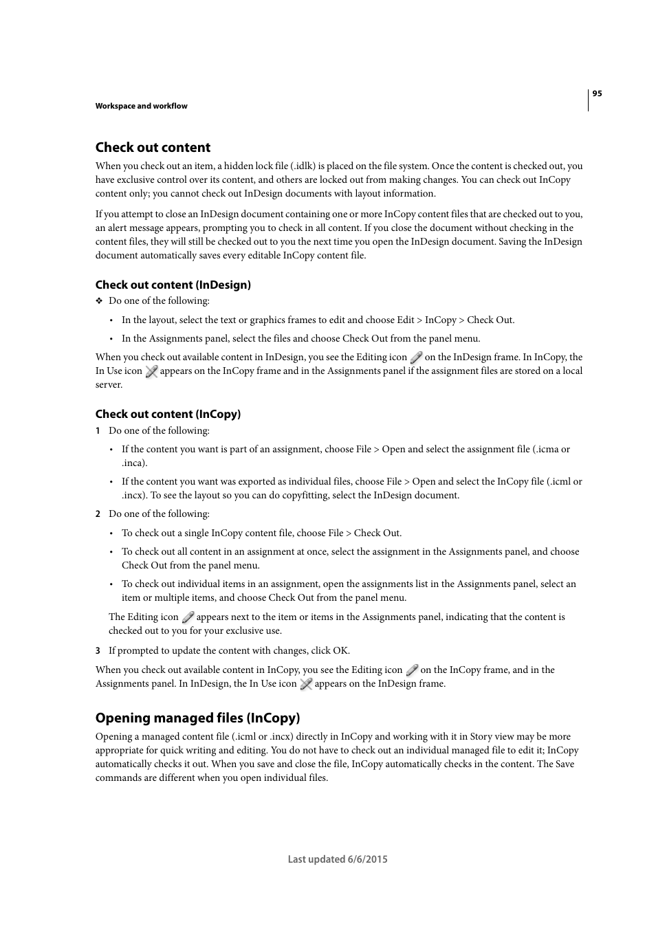 Check out content, Check out content (indesign), Check out content (incopy) | Opening managed files (incopy) | Adobe InDesign CC 2015 User Manual | Page 100 / 643