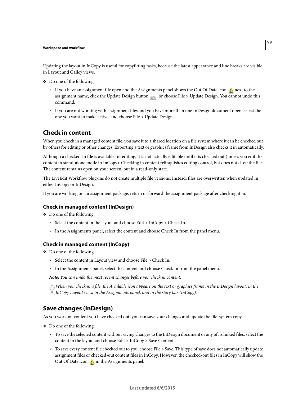 Check in content, Check in managed content (indesign), Check in managed content (incopy) | Save changes (indesign) | Adobe InDesign CC 2015 User Manual | Page 103 / 643