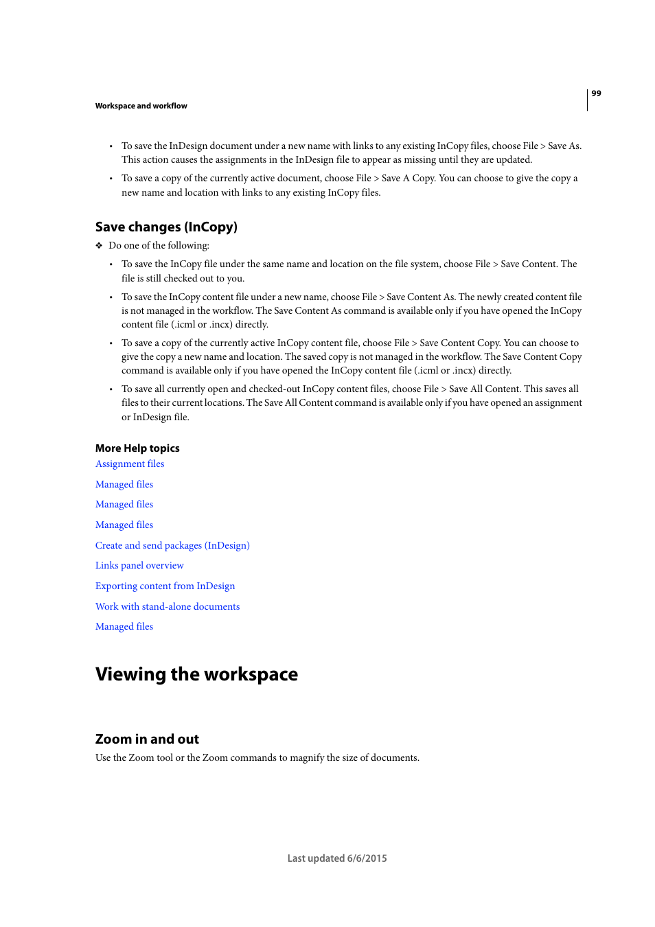 Save changes (incopy), Viewing the workspace, Zoom in and out | Adobe InDesign CC 2015 User Manual | Page 104 / 643