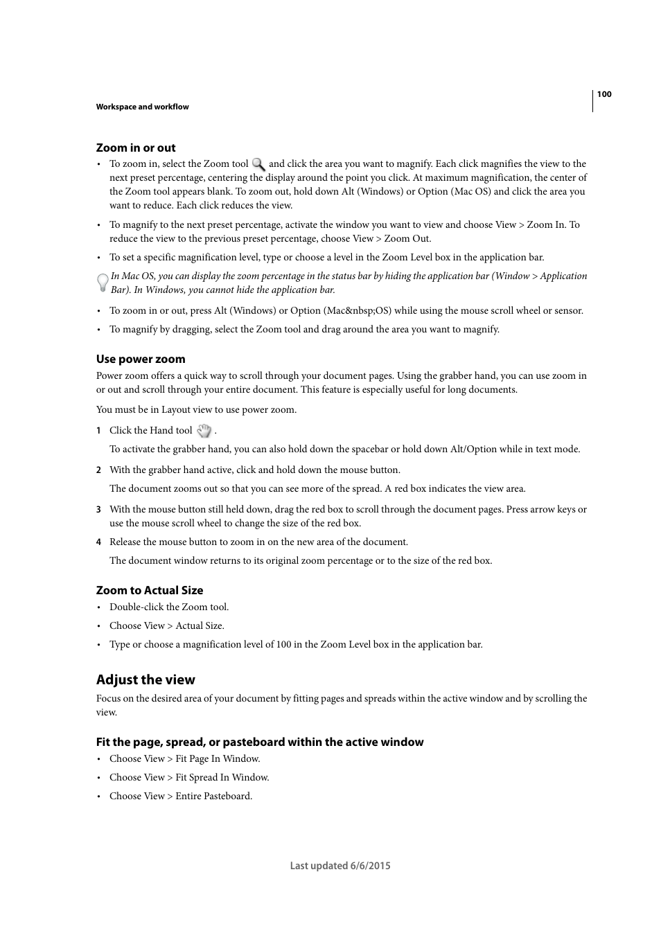 Zoom in or out, Use power zoom, Zoom to actual size | Adjust the view | Adobe InDesign CC 2015 User Manual | Page 105 / 643