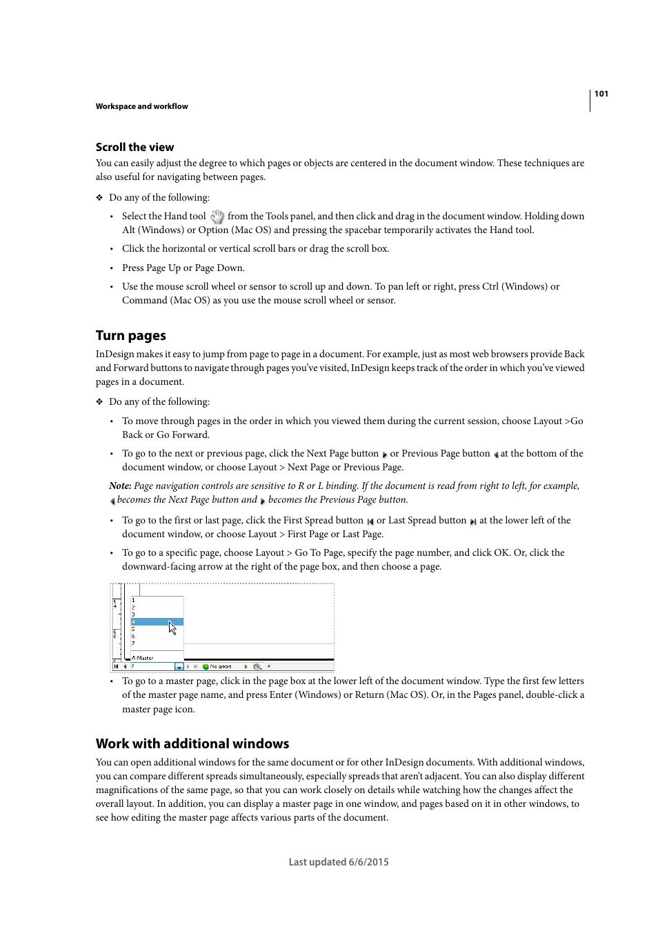 Scroll the view, Work with additional windows, Turn pages | Adobe InDesign CC 2015 User Manual | Page 106 / 643