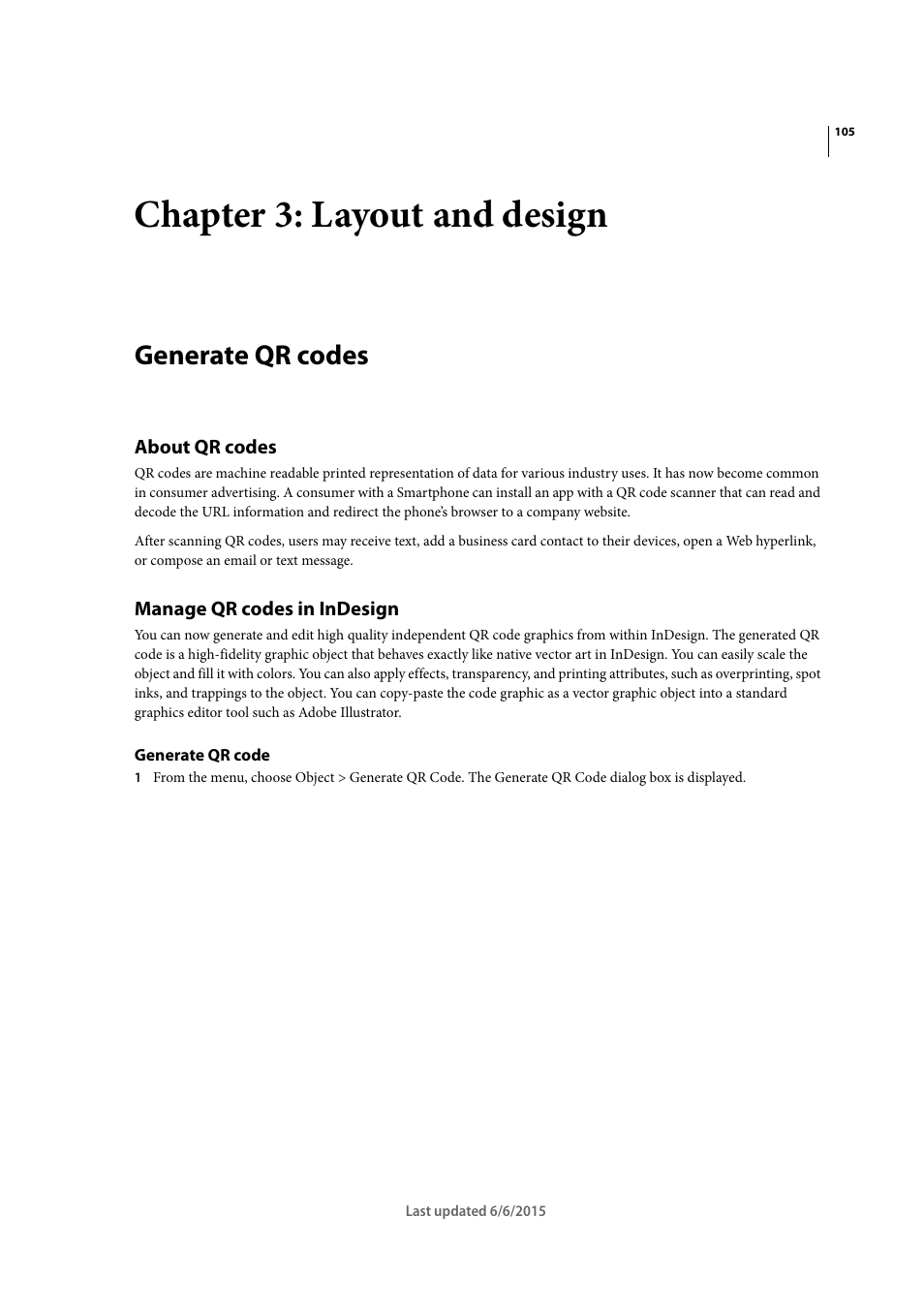 Chapter 3: layout and design, Generate qr codes, About qr codes | Manage qr codes in indesign, Generate qr code | Adobe InDesign CC 2015 User Manual | Page 110 / 643