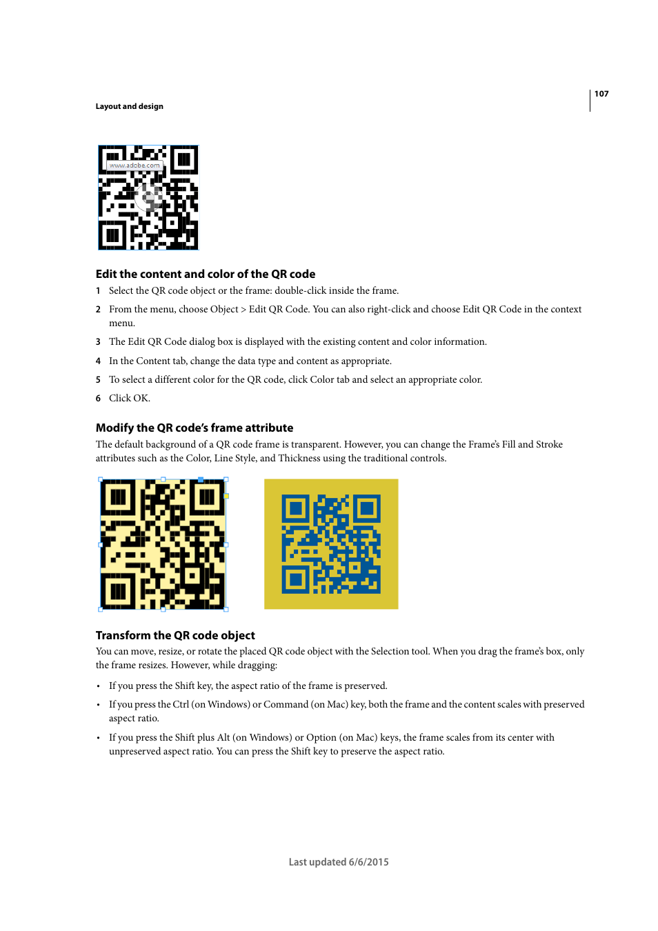 Edit the content and color of the qr code, Modify the qr code’s frame attribute, Transform the qr code object | Adobe InDesign CC 2015 User Manual | Page 112 / 643