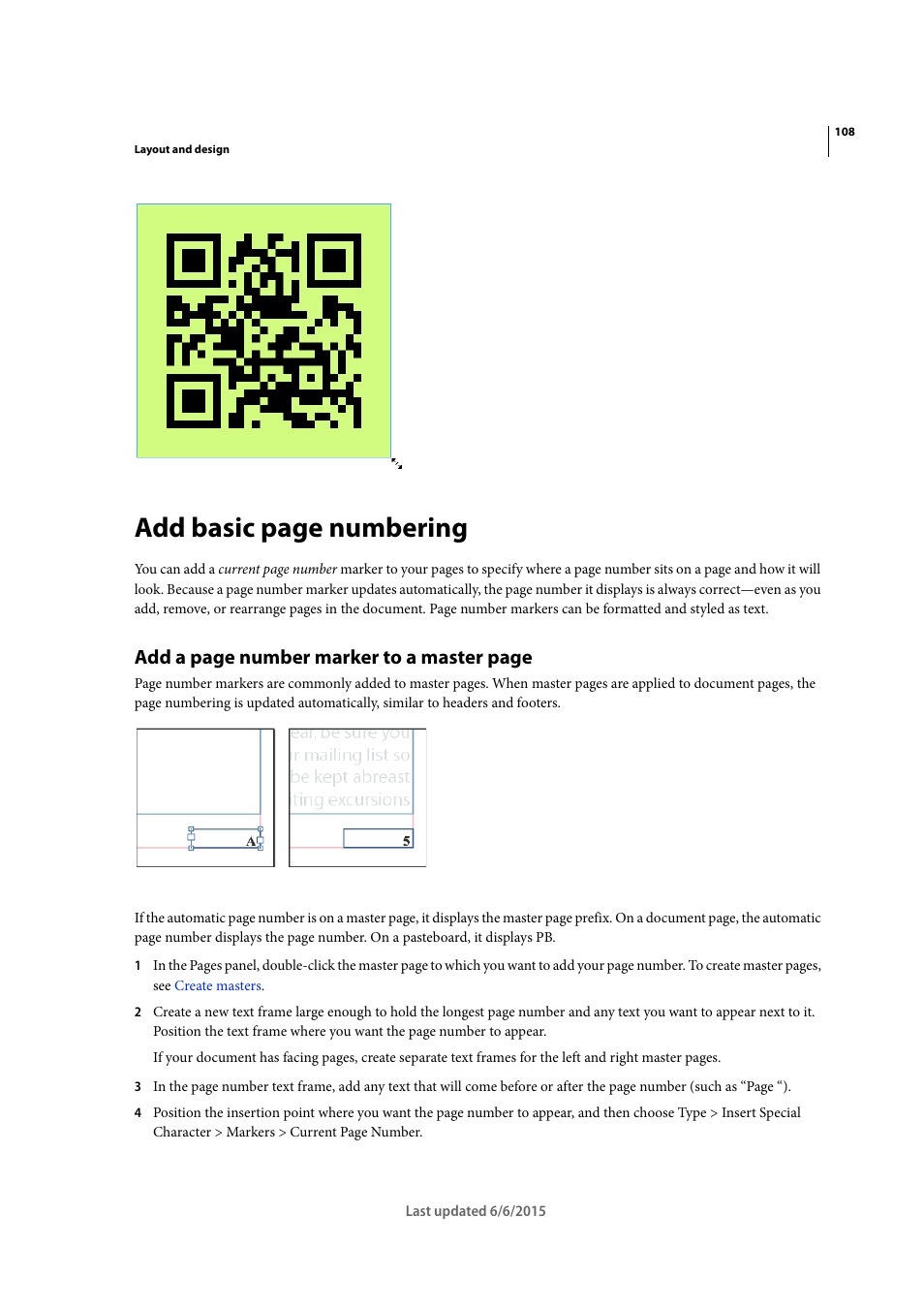 Add basic page numbering, Add a page number marker to a master page | Adobe InDesign CC 2015 User Manual | Page 113 / 643