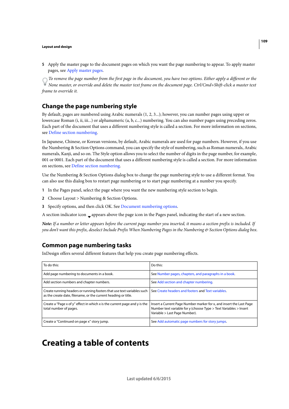 Creating a table of contents, Change the page numbering style, Common page numbering tasks | Adobe InDesign CC 2015 User Manual | Page 114 / 643