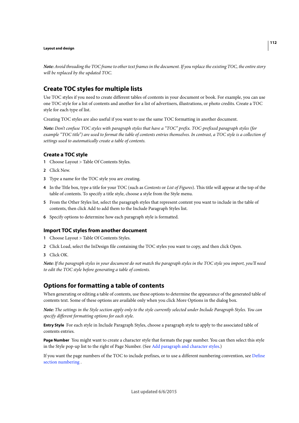 Create toc styles for multiple lists, Create a toc style, Import toc styles from another document | Options for formatting a table of contents | Adobe InDesign CC 2015 User Manual | Page 117 / 643