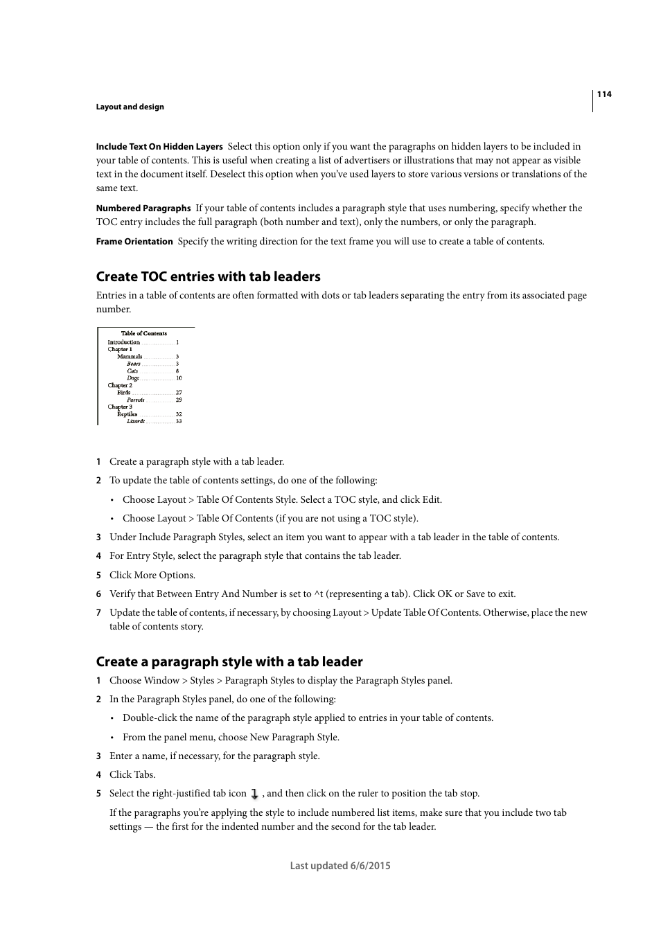 Create toc entries with tab leaders, Create a paragraph style with a tab leader | Adobe InDesign CC 2015 User Manual | Page 119 / 643