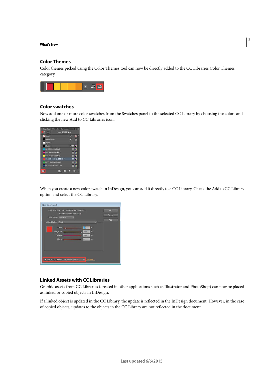 Color themes, Color swatches, Linked assets with cc libraries | Adobe InDesign CC 2015 User Manual | Page 12 / 643