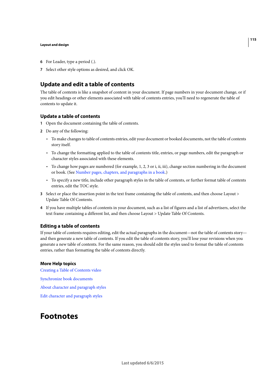 Update and edit a table of contents, Update a table of contents, Editing a table of contents | Footnotes | Adobe InDesign CC 2015 User Manual | Page 120 / 643