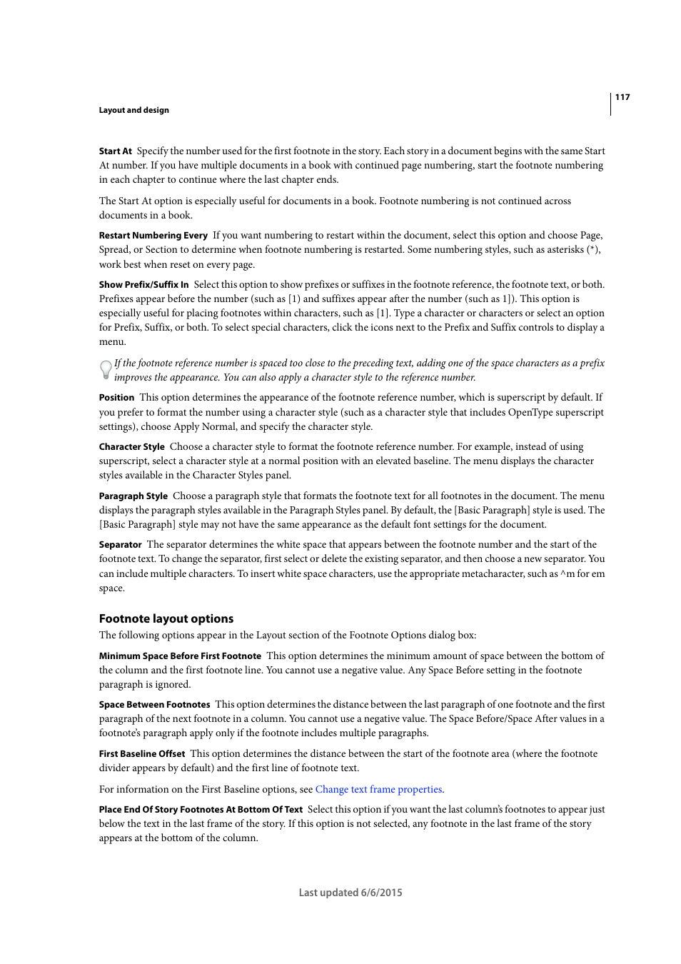 Footnote layout options | Adobe InDesign CC 2015 User Manual | Page 122 / 643