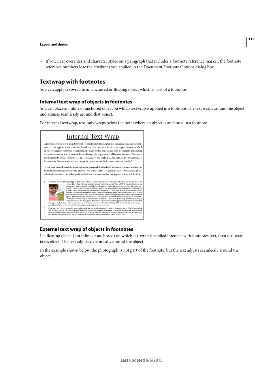 Textwrap with footnotes, Internal text wrap of objects in footnotes, External text wrap of objects in footnotes | Adobe InDesign CC 2015 User Manual | Page 124 / 643