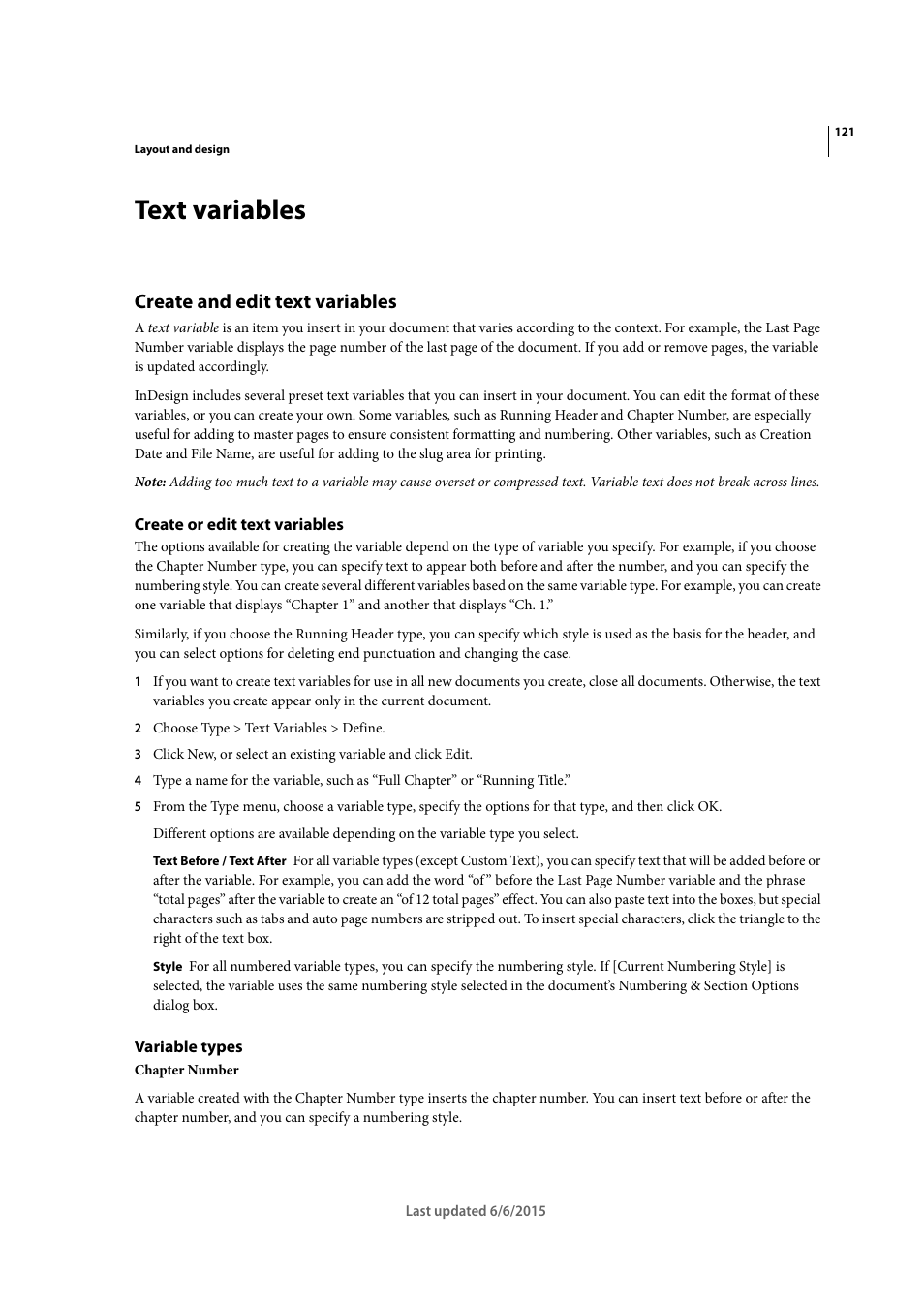 Text variables, Create and edit text variables, Create or edit text variables | Variable types | Adobe InDesign CC 2015 User Manual | Page 126 / 643